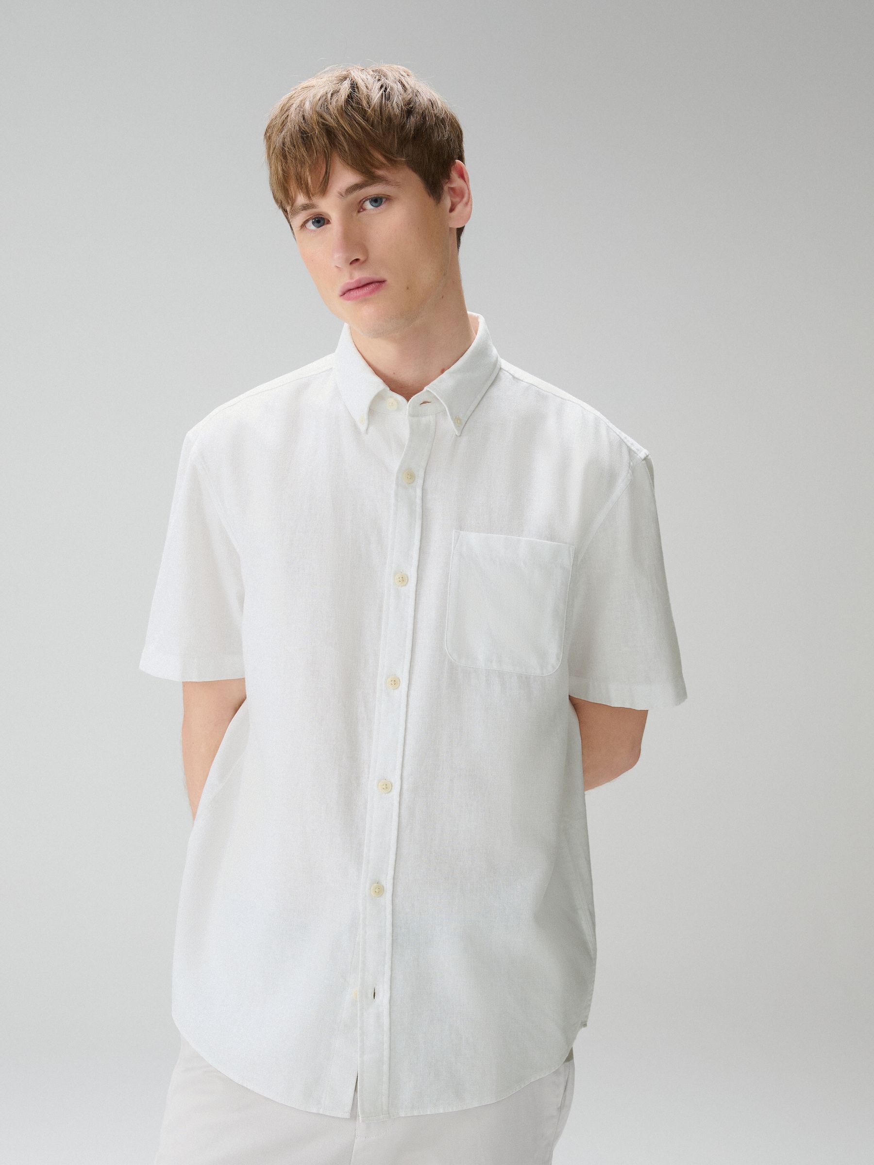 Buy White/Blue/Stone Cotton Linen Blend Short Sleeve Shirts 3 Pack
