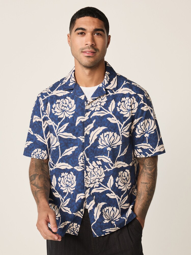 Indigo Blue Floral Print Short Sleeve Shirt - Image 1 of 4