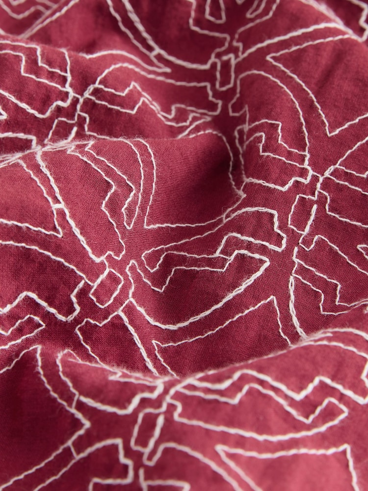 Red Textured Embroidered Leaf Short Sleeve Shirt - Image 7 of 7
