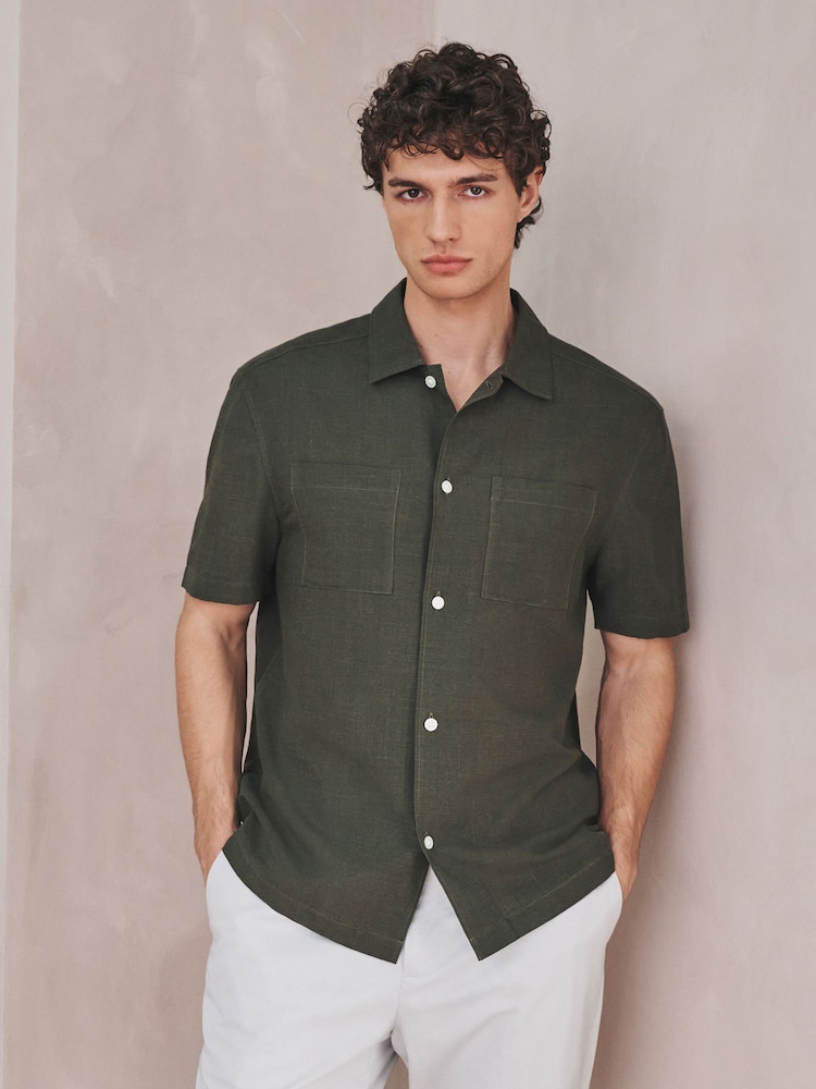 Green Linen Tencel Blend Short Sleeve Shirt - Image 2 of 9