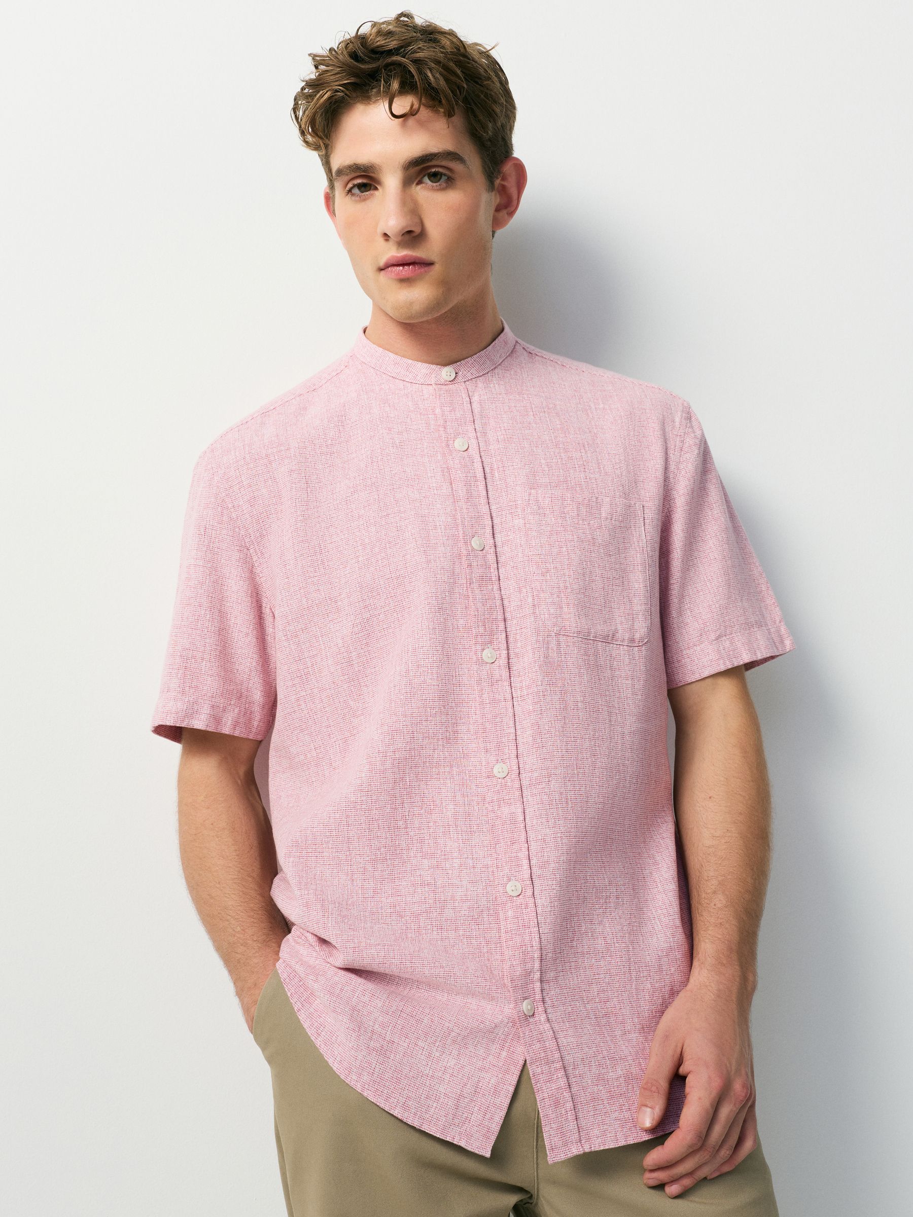Buy Pink Grandad Collar Cotton Linen Blend Short Sleeve Shirt from
