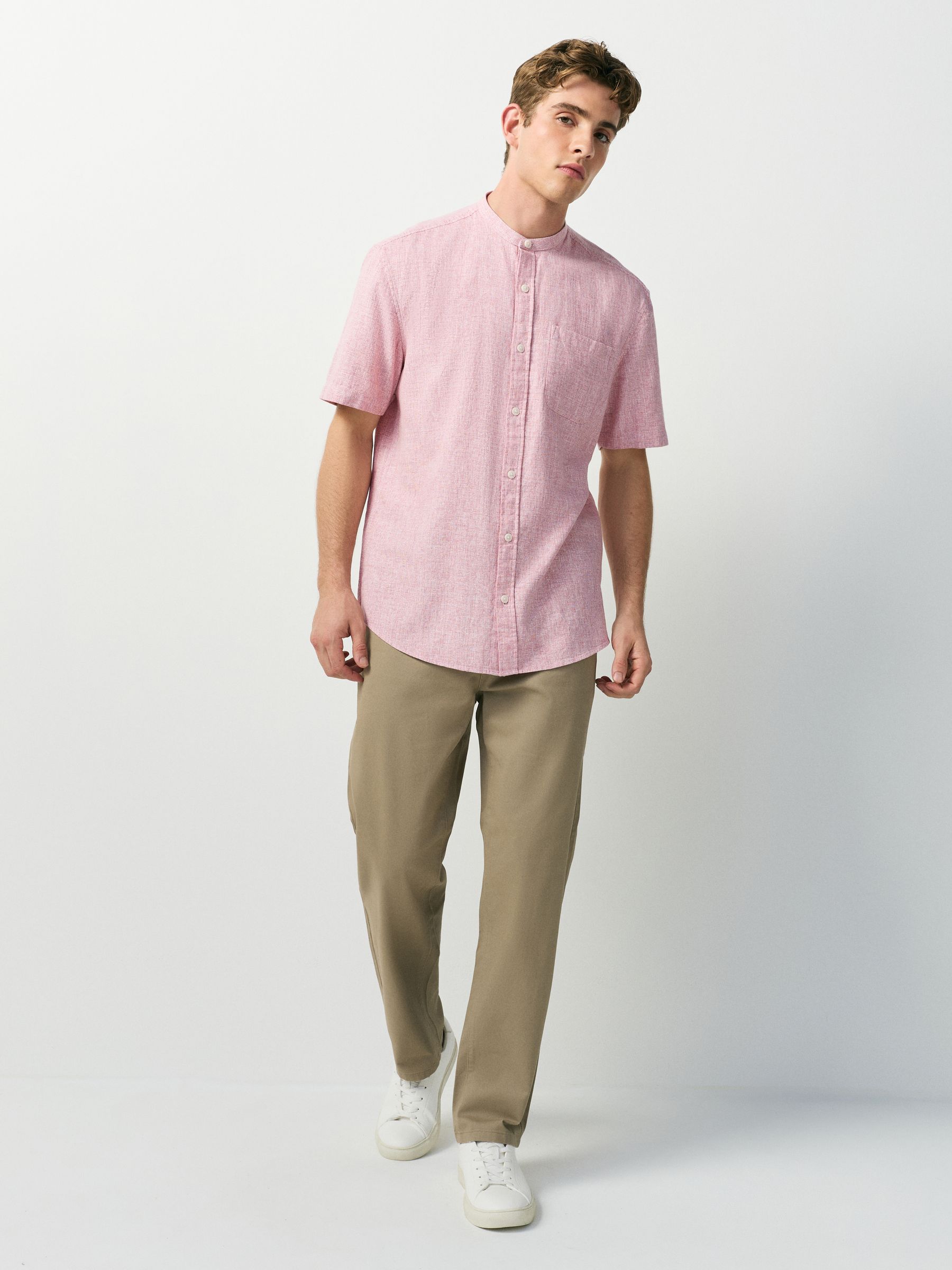 Buy Pink Grandad Collar Cotton Linen Blend Short Sleeve Shirt from