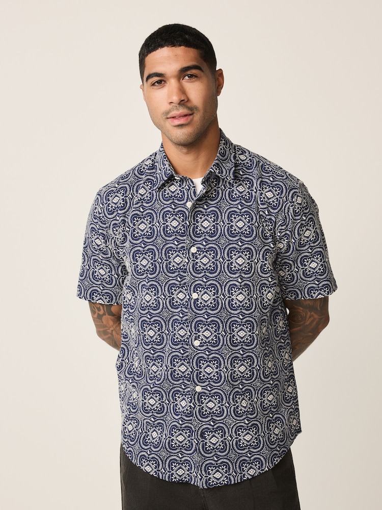 Navy Textured Embroidered Leaf Short Sleeve Shirt - Image 1 of 7