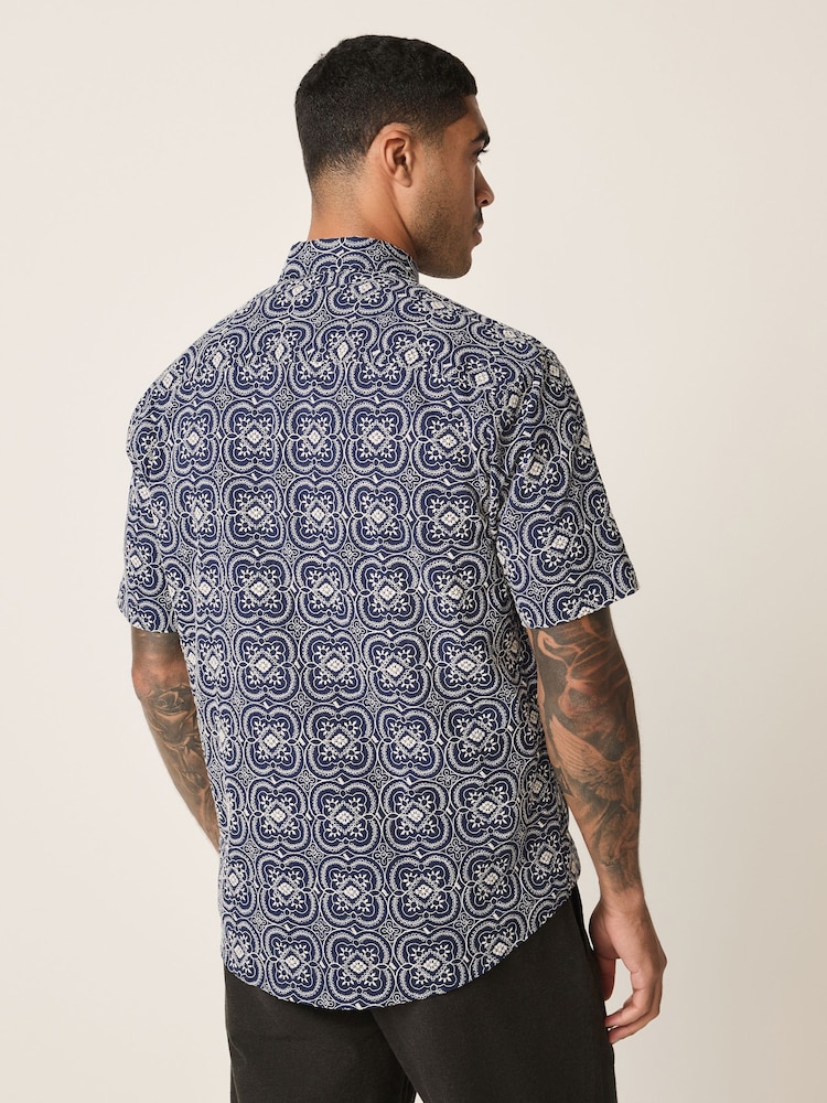 Navy Textured Embroidered Leaf Short Sleeve Shirt - Image 2 of 7