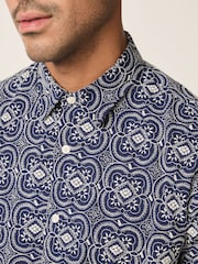 Navy Textured Embroidered Leaf Short Sleeve Shirt - Image 4 of 7
