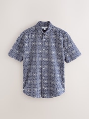 Navy Textured Embroidered Leaf Short Sleeve Shirt - Image 5 of 7
