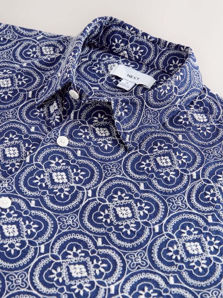 Navy Textured Embroidered Leaf Short Sleeve Shirt - Image 7 of 7