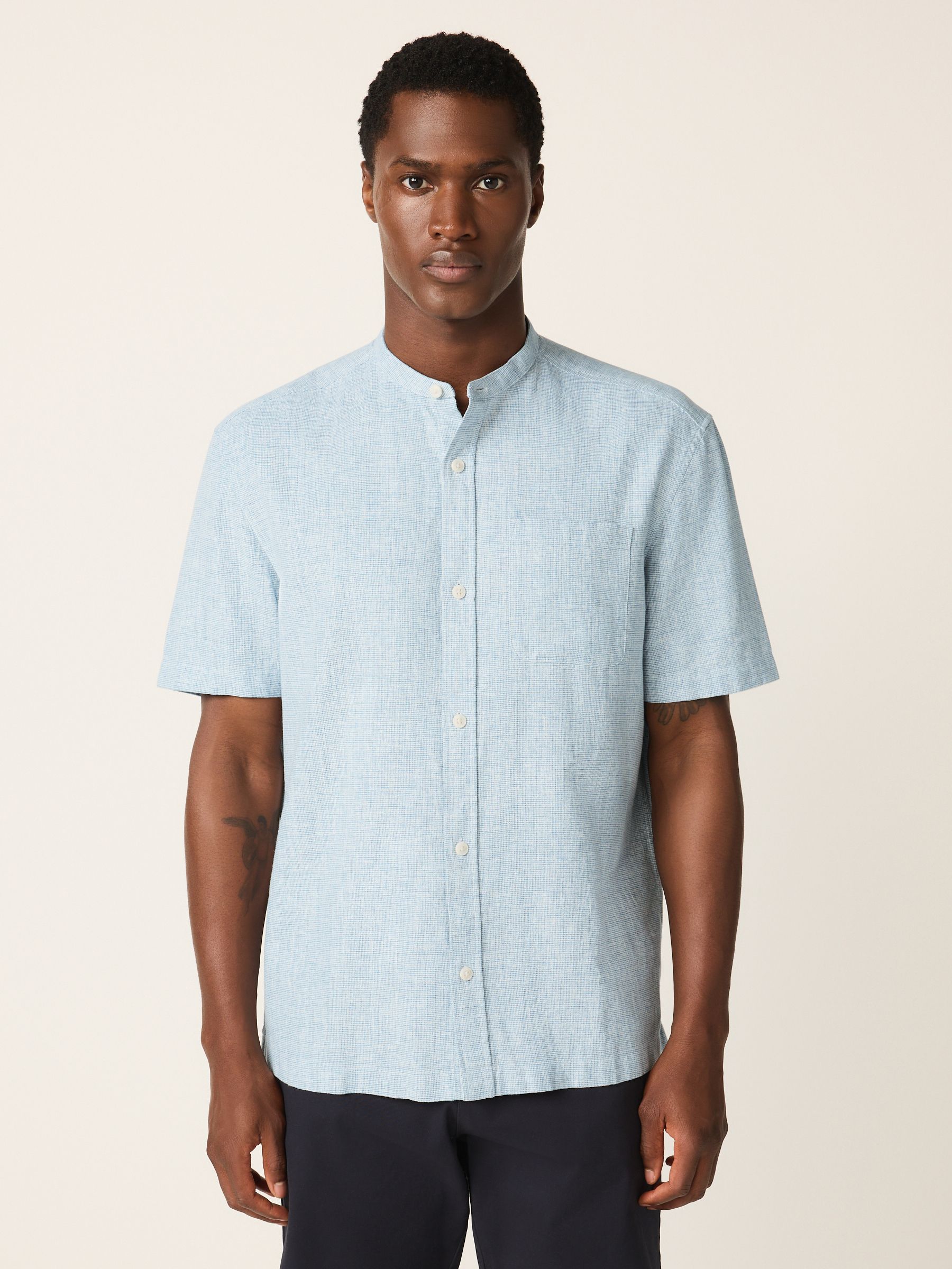 Buy Blue Grandad Collar Cotton Linen Blend Short Sleeve Shirt from