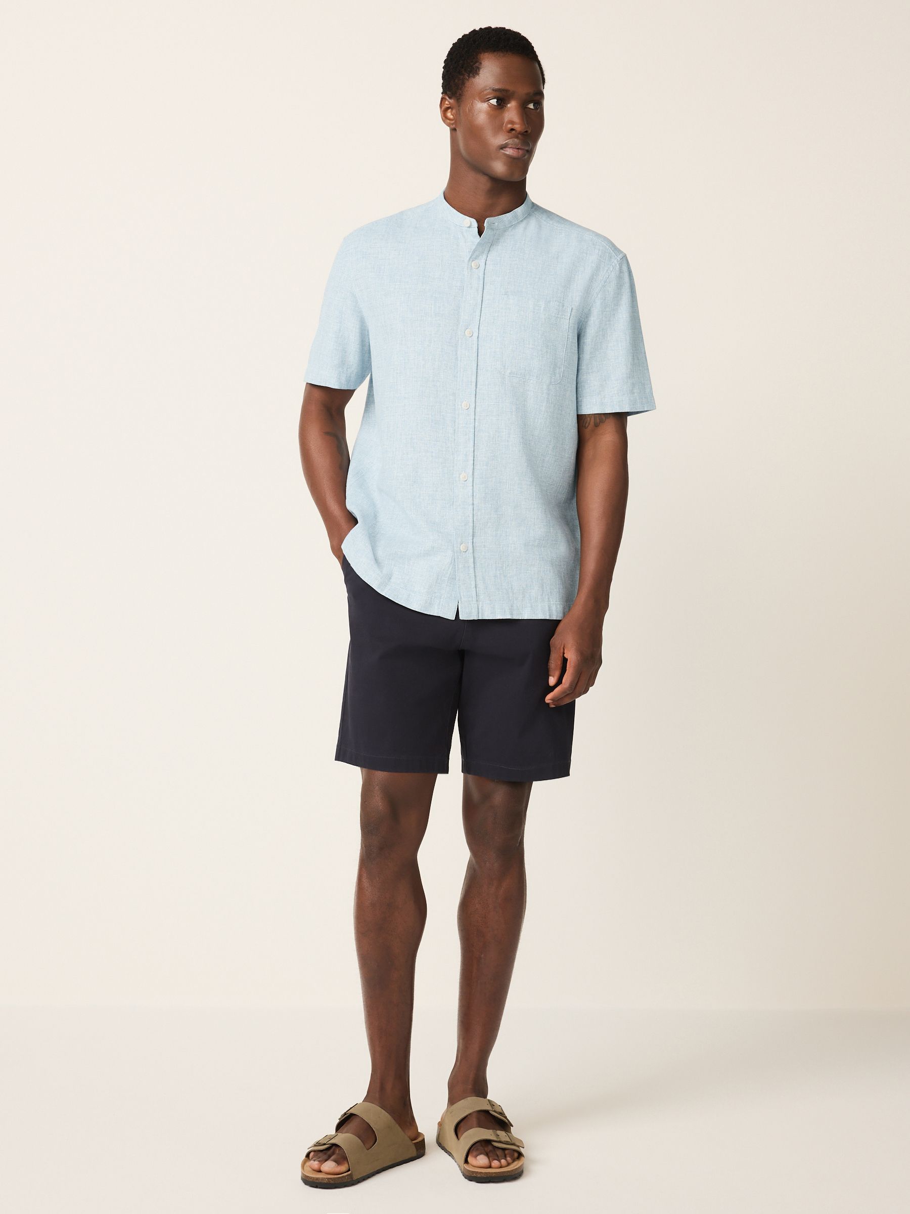 Buy Blue - Grandad Collar - Cotton Linen Blend Short Sleeve Shirt