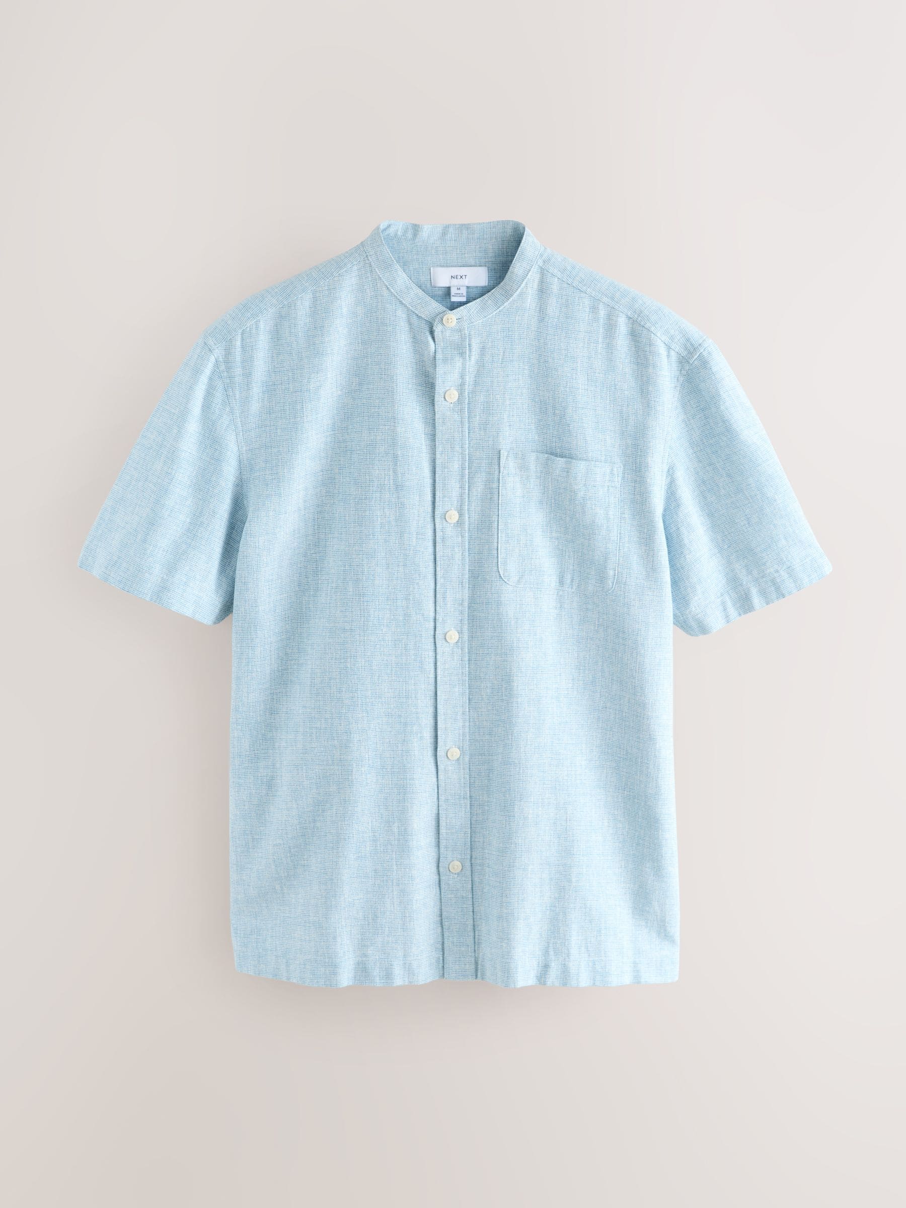 Buy Blue Grandad Collar Cotton Linen Blend Short Sleeve Shirt from