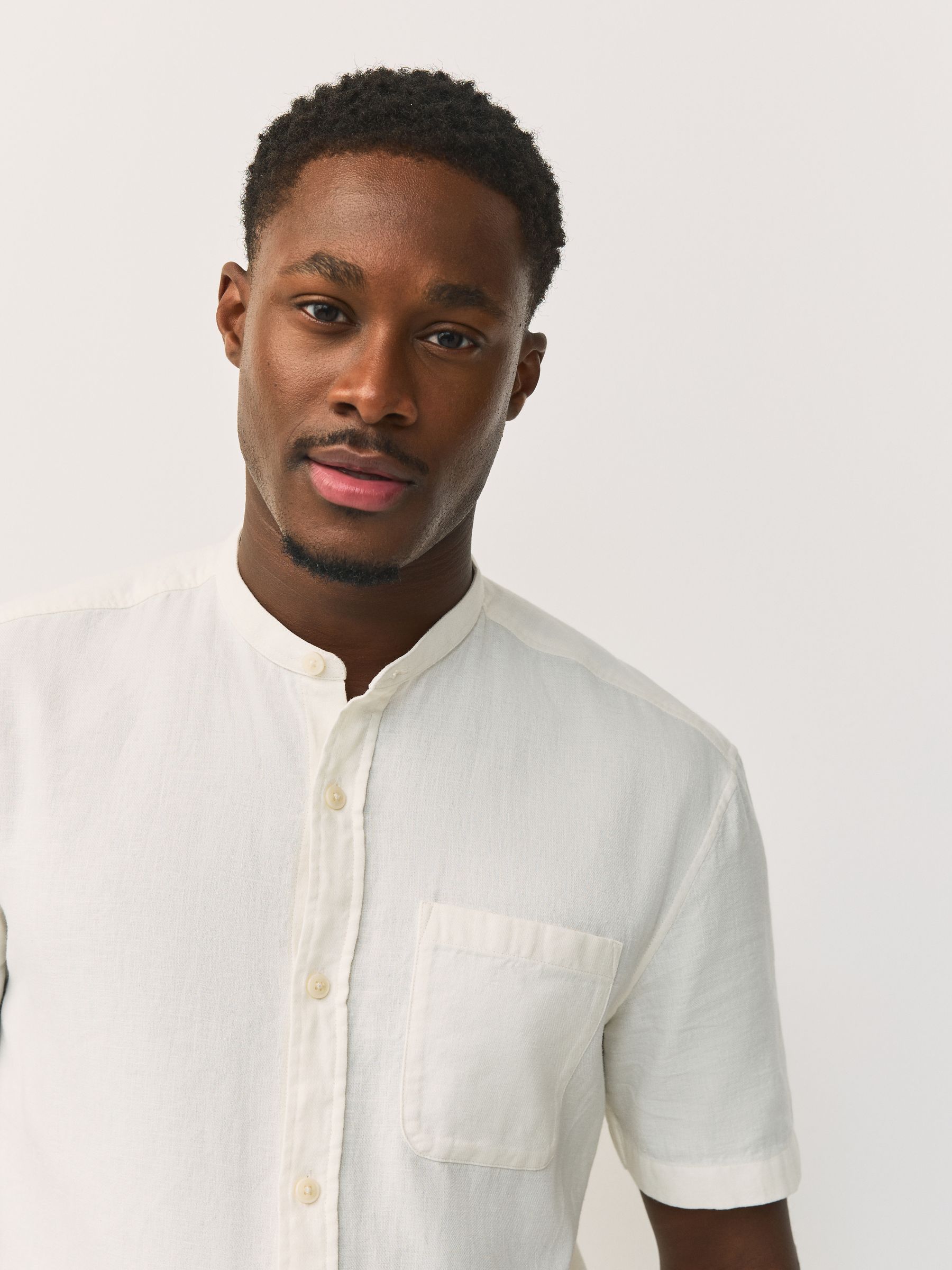 ＜H＞BALLOON SLEEVE REGULAR COLLAR SHIRT Buy White Grandad Collar Cotton Linen Blend Short Sleeve Shirt