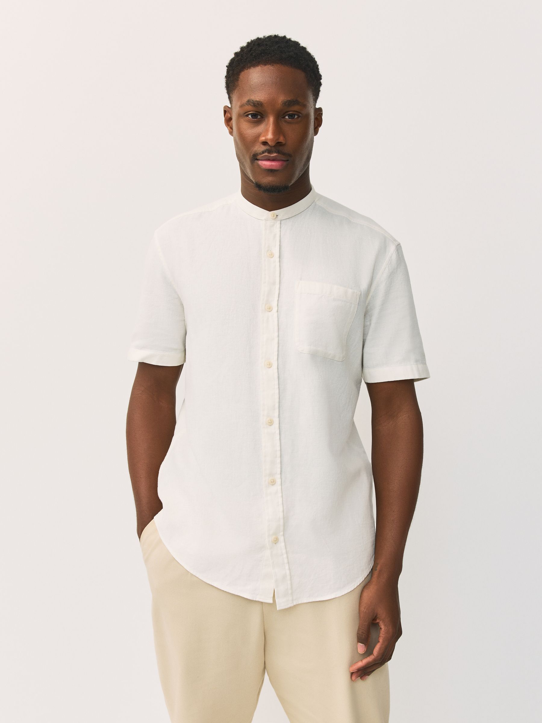 Buy White Grandad Collar Cotton Linen Blend Short Sleeve Shirt