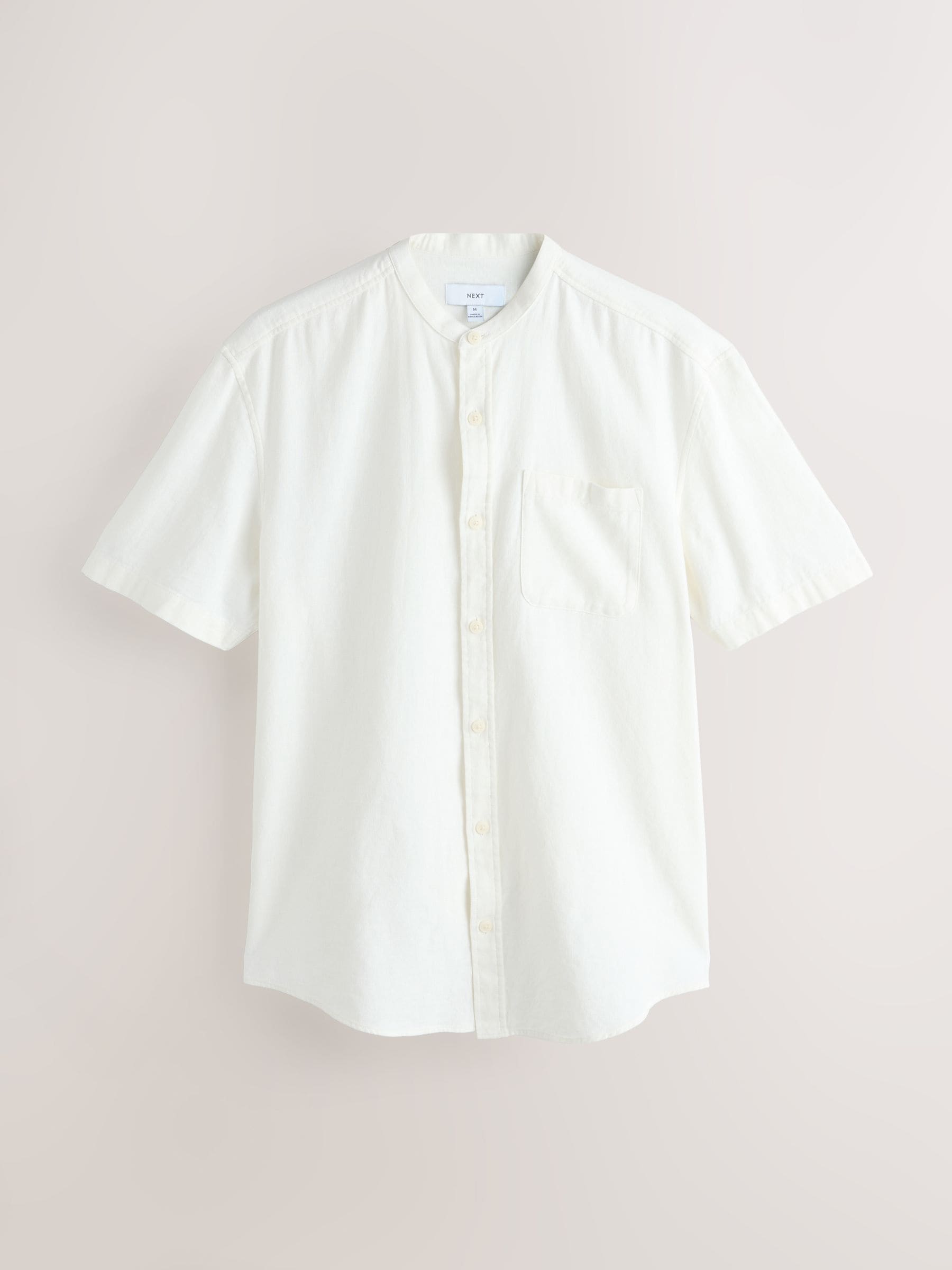 Buy White Grandad Collar Cotton Linen Blend Short Sleeve Shirt