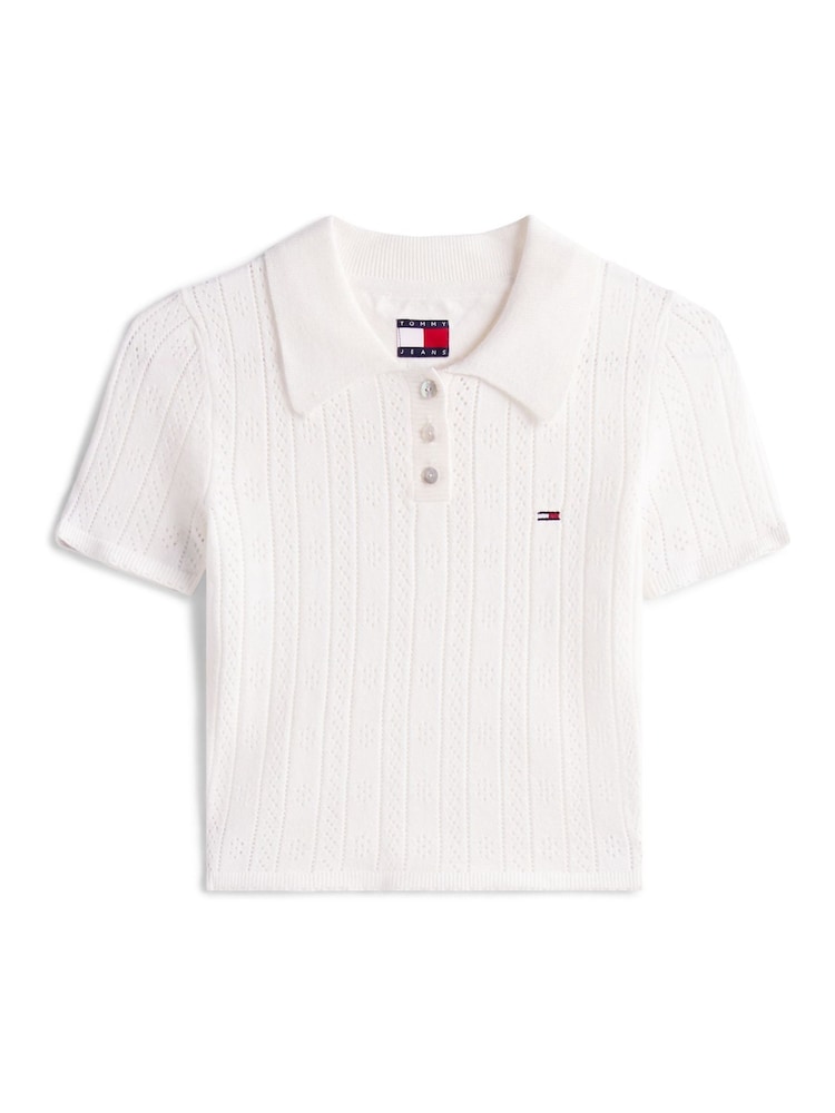 Tommy Hilfiger White Slim Fit Pointelle Polo Top - Image 5 of 5