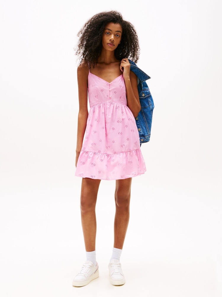 Tommy Jeans Pink Broderie Anglaise Relaxed Mini Dress - Image 1 of 4