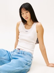 Tommy Jeans White 100% Cotton Logo Slim Tank Top - Image 4 of 5