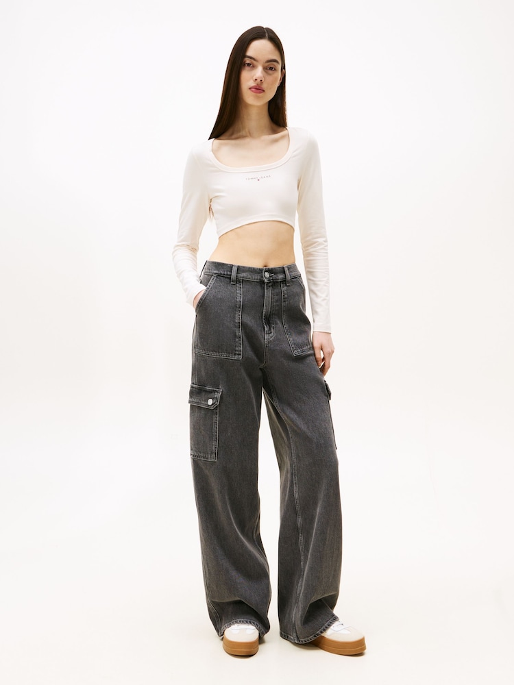 Tommy Jeans White Slim Cropped Long Sleeve T-Shirt - Image 2 of 5
