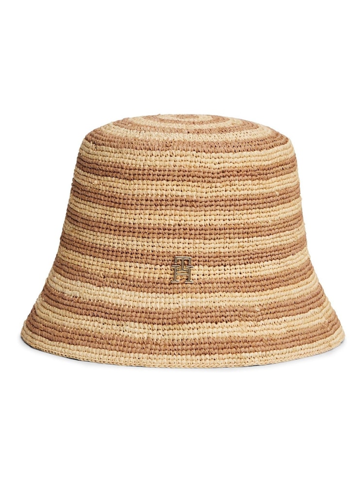 Tommy Hilfiger Brown Straw Crochet Stripe Bucket Hat - Image 1 of 3