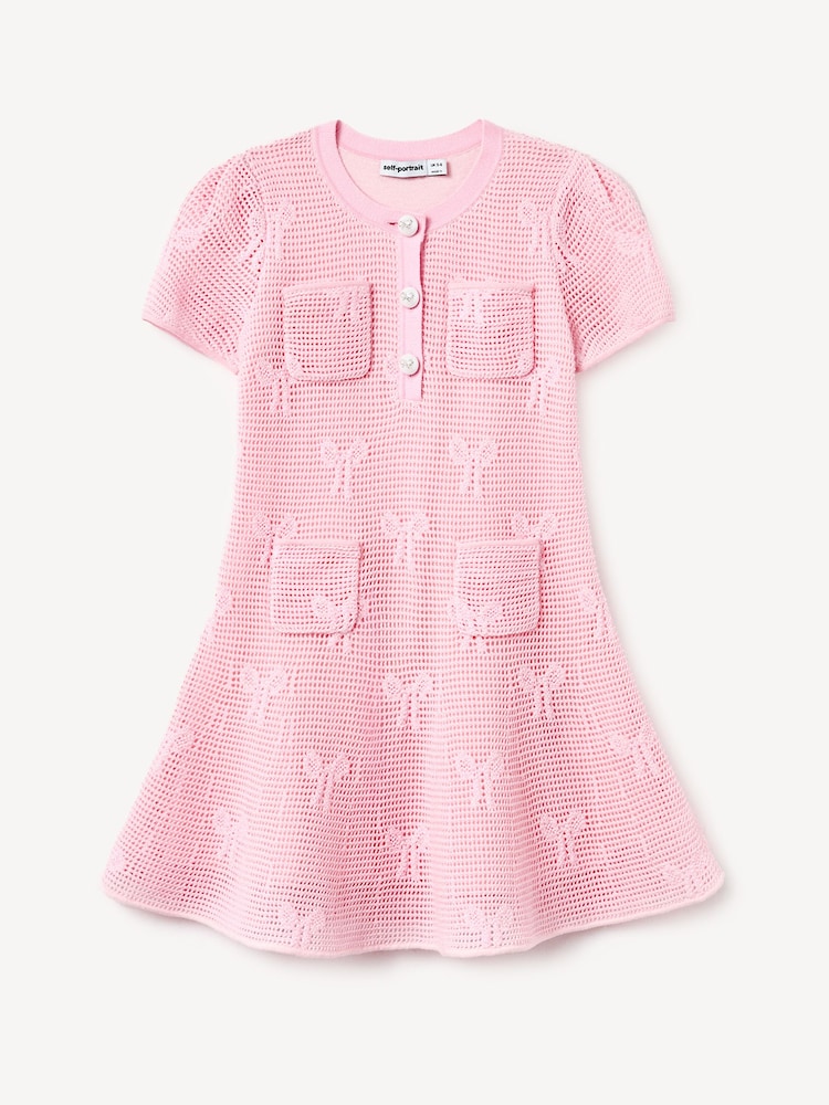 Self-Portrait Pink Bow Crochet Knit Dress - Image 1 of 2