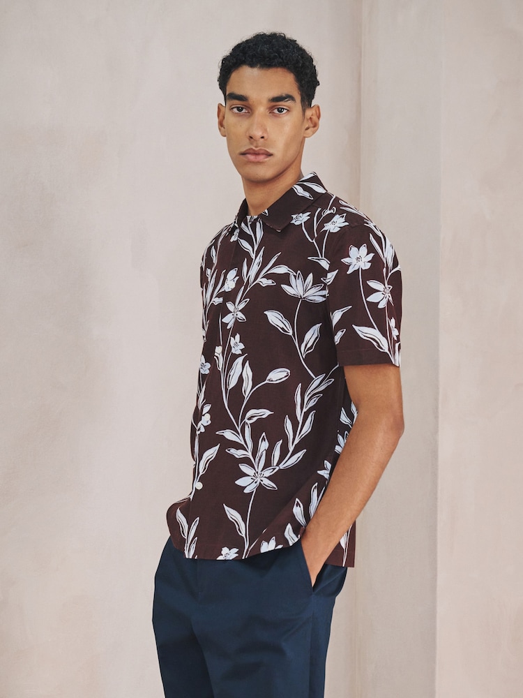 Brown Linen Tencel Blend Floral Print Short Sleeve Shirt - Image 1 of 8