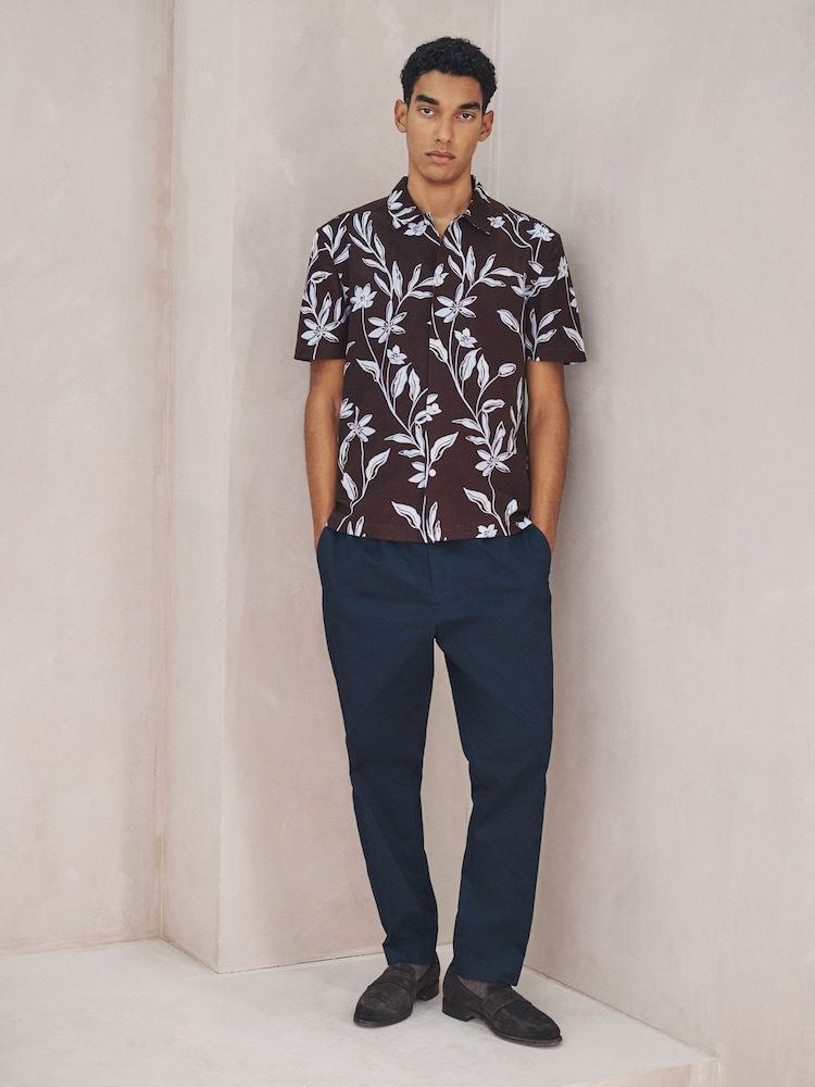 Brown Linen Tencel Blend Floral Print Short Sleeve Shirt - Image 2 of 8