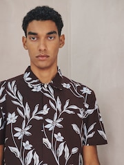 Brown Linen Tencel Blend Floral Print Short Sleeve Shirt - Image 5 of 8
