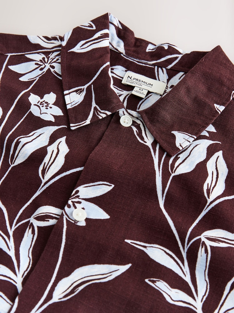 Brown Linen Tencel Blend Floral Print Short Sleeve Shirt - Image 8 of 8