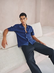 أزرق داكن - Linen Tencel Blend Short Sleeve Shirt - Image 4 of 8