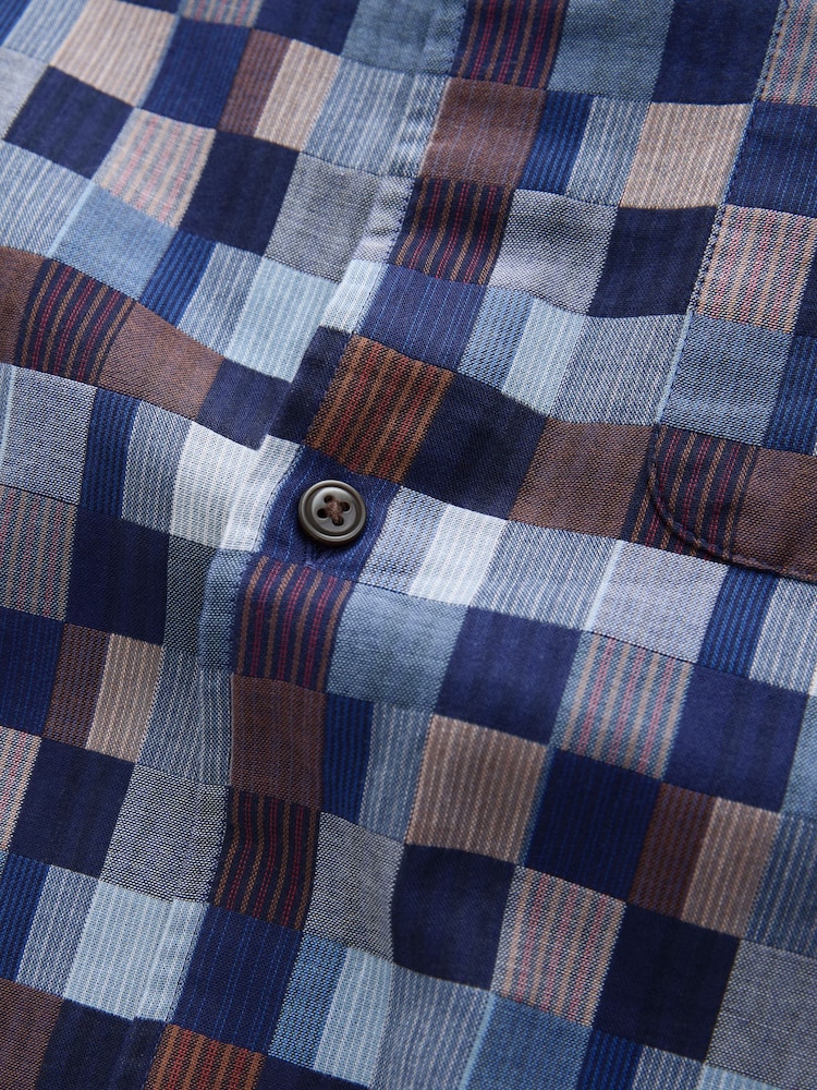 靛蓝 - 纹理拼接牛仔布短袖衬衫 - 图片7 / 7