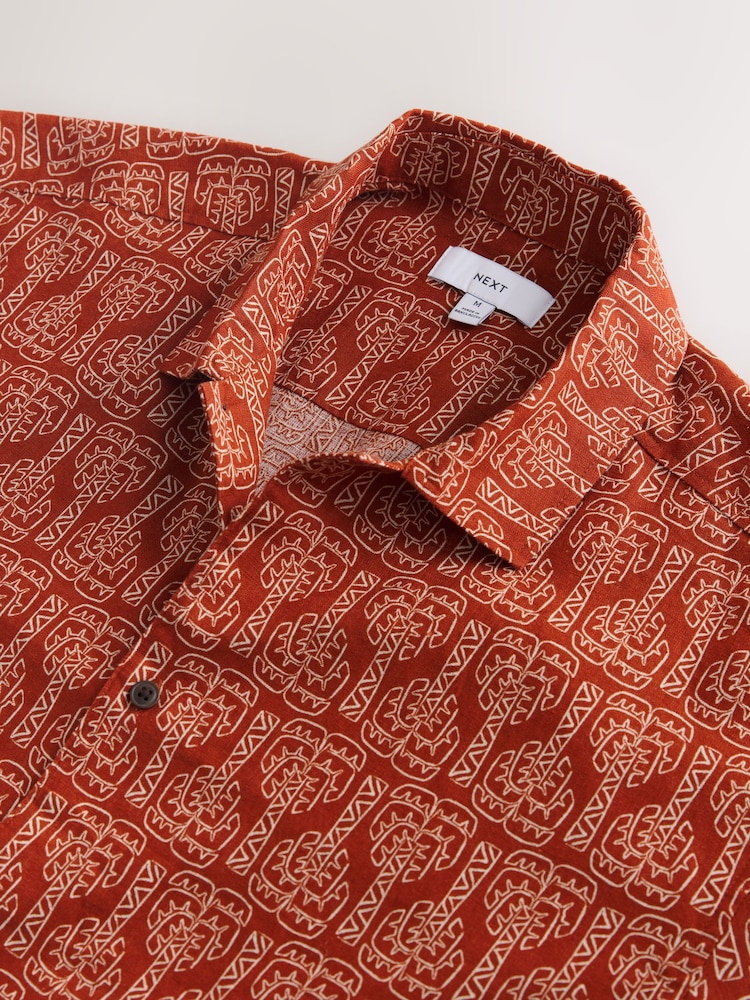 Rot - Cotton Linen Printed Short Sleeve Shirt - Bild 2 von 3