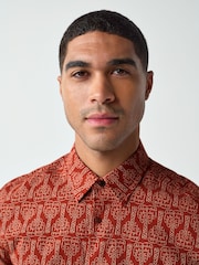 Red Cotton Linen Printed Short Sleeve Shirt - Image 4 of 7
