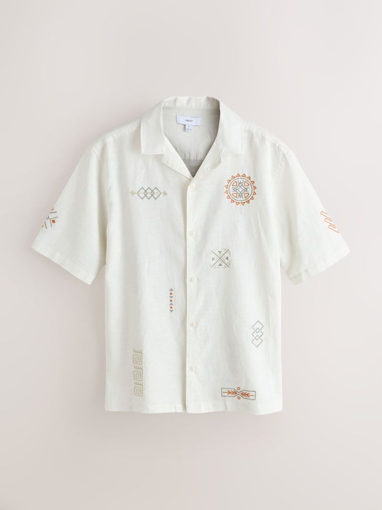 Neutral Textured Embroidered Navajo Style Short Sleeve Shirt - Image 1 of 4