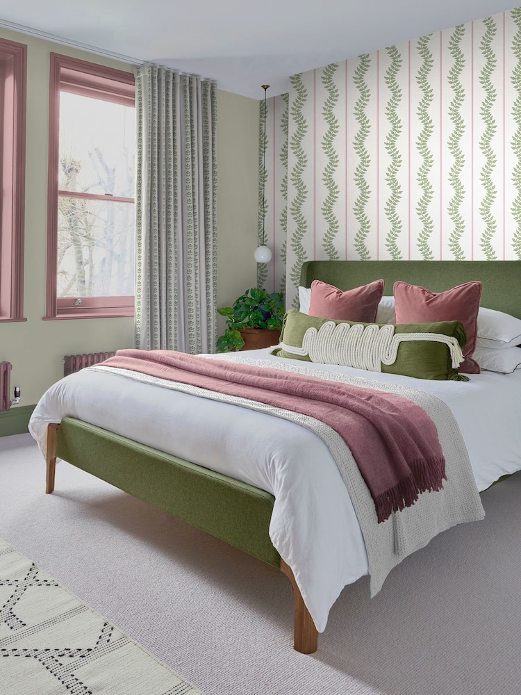 Graham & Brown Pink & Green Laurel Leaf Stripe 10M Wallpaper - Image 1 of 4