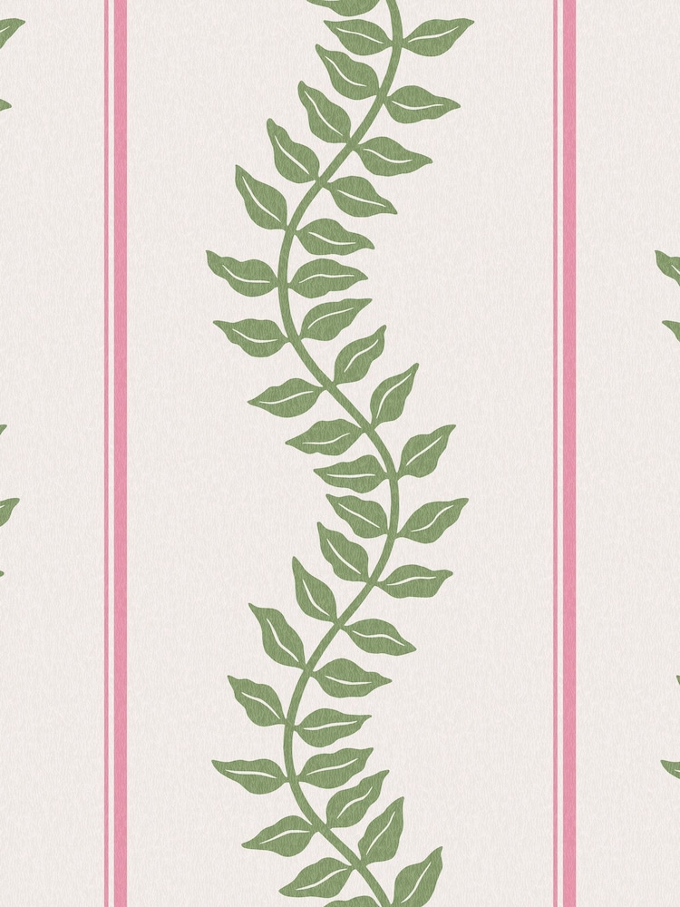 Graham & Brown Pink & Green Laurel Leaf Stripe 10M Wallpaper - Image 2 of 4