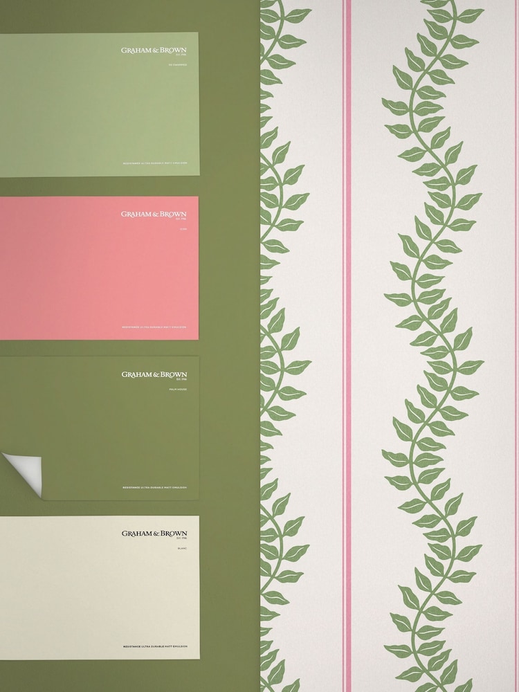 Graham & Brown Pink & Green Laurel Leaf Stripe 10M Wallpaper - Image 4 of 4
