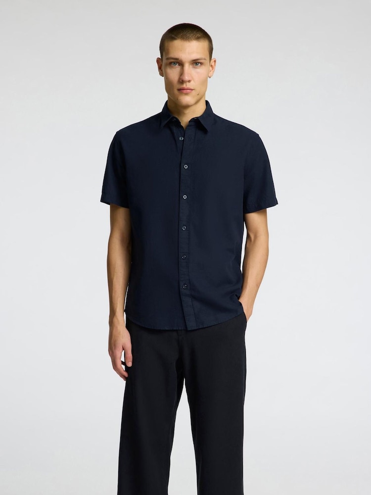 Selected Homme Blue Short Sleeve Shirt With Linen - Image 1 of 4
