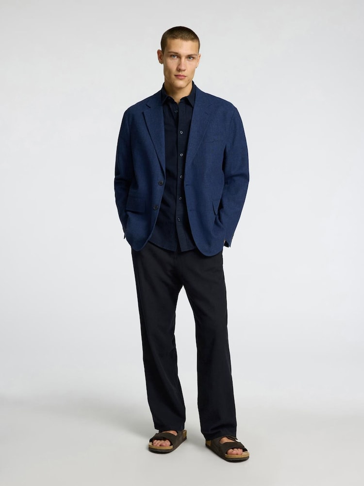 Selected Homme Blue Short Sleeve Shirt With Linen - Image 4 of 4
