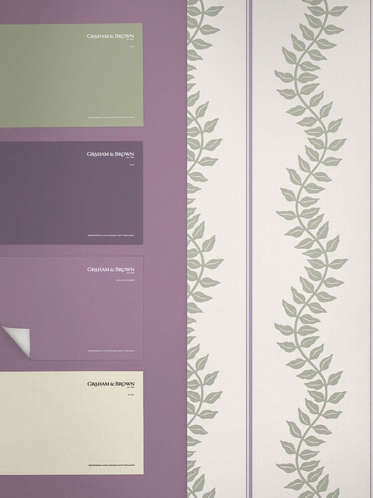 Graham & Brown Mauve Sage Laurel Leaf Stripe A4 Wallpaper Sample - Image 4 of 4