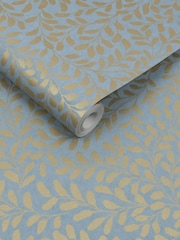Graham & Brown Sky Blue Pale Gold Gilded Leaf A4 Wallpaper Sample - Image 3 of 4