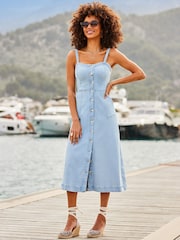 Sosandar Blue Denim Fit & Flare Midi Dress - Image 2 of 5