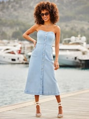 Sosandar Blue Denim Fit & Flare Midi Dress - Image 4 of 5