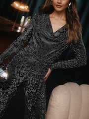 Black Petite Hotfix Cowl Neck Long Sleeve Black Jumpsuit - Image 2 of 4