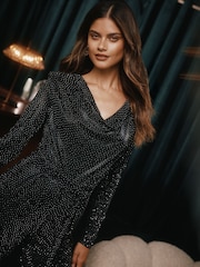 Black Petite Hotfix Cowl Neck Long Sleeve Black Jumpsuit - Image 3 of 4