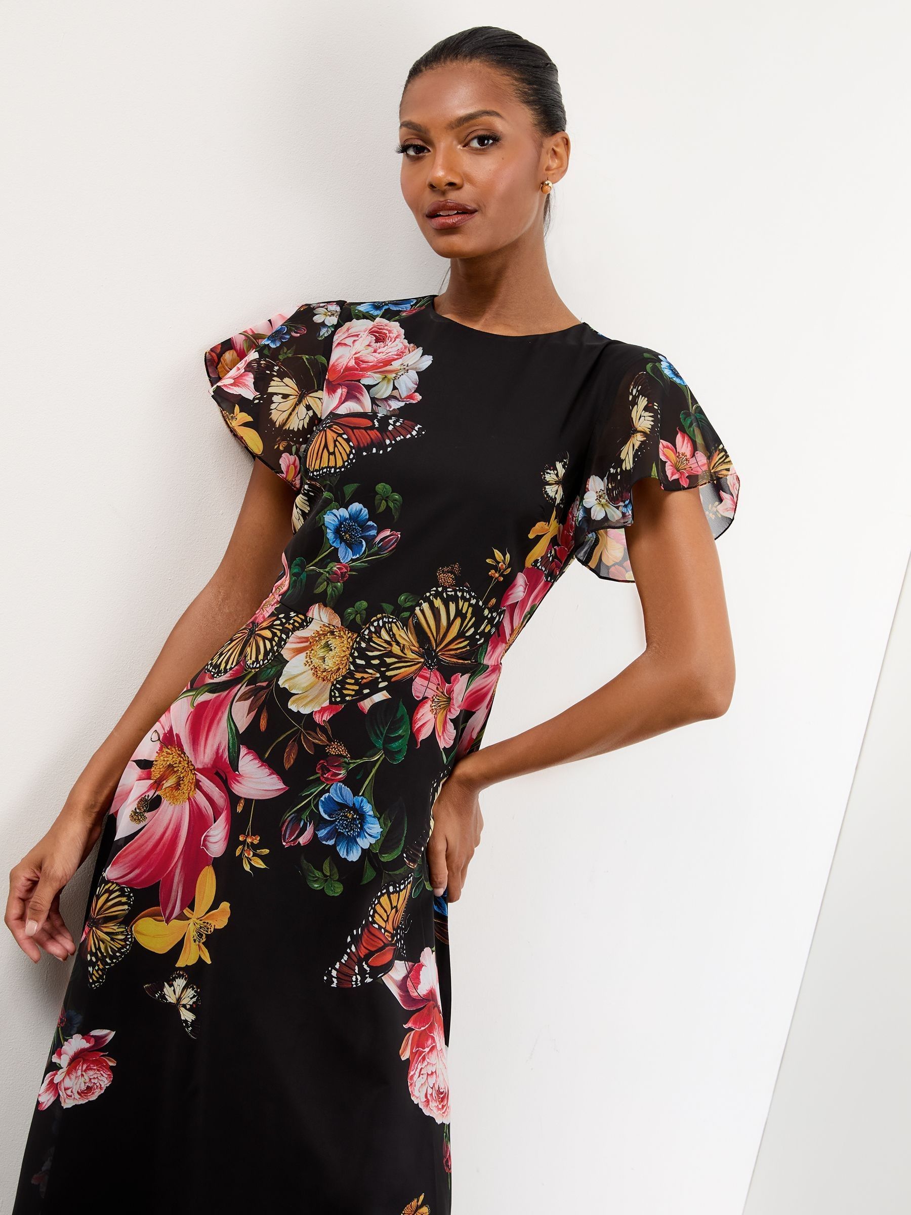 Buy Lipsy Black Fit And Flare Floral Short Sleeve Printed Chiffon Midi ...