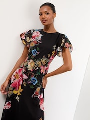 Lipsy Fit And Flare Floral Print Short Sleeve Printed Chiffon Midi Dress - Imagen 3 de 4