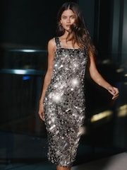 Lipsy Silver All Over Sequin Bodycon Midi Dress - صورة 1 من 4