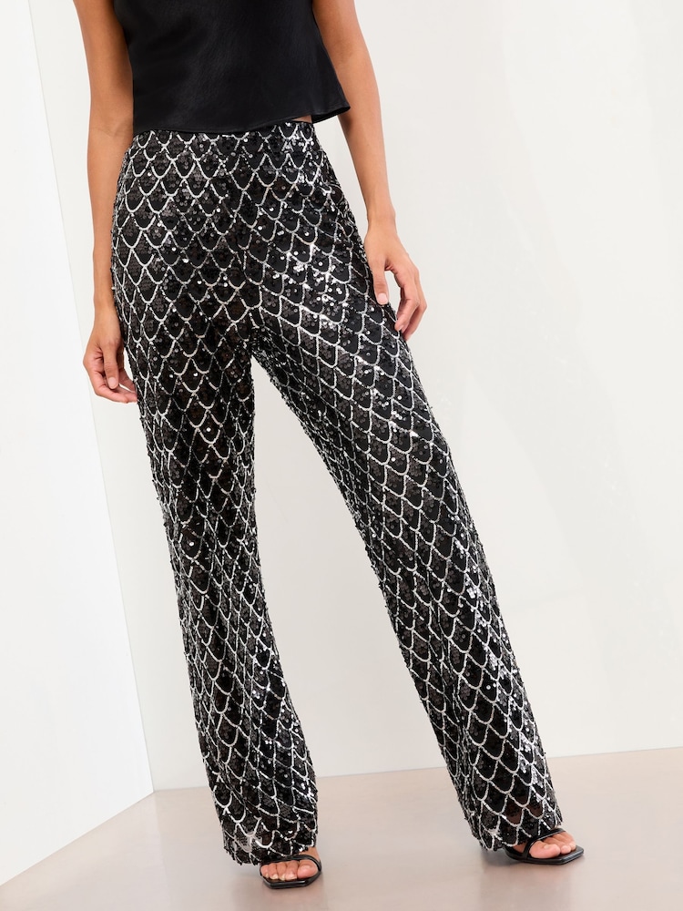 Lipsy Black Scallop Petite Sequin Trousers - Image 1 of 4