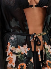 B by Ted Baker viskozno črni kimono z resicami Koi rožast vzorec okritje - Slika 4 iz 6