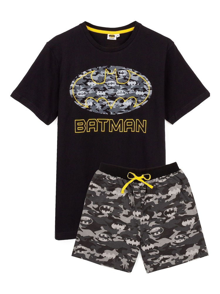 Vanilla Underground Black Mens DC Comics Batman Short Sleeve Long Leg 100% Cotton Pyjamas Set - Image 1 of 6