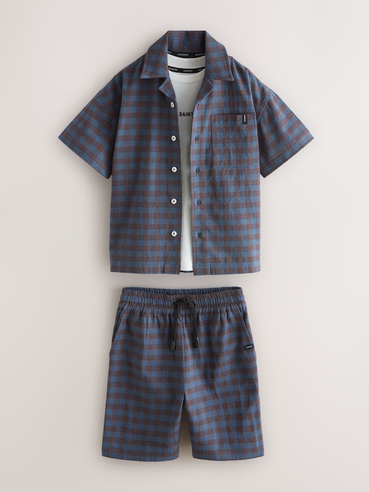 smALLSAINTS Blue/Brown Cooper Checked Short Sleeve 3 Piece Jacket Top and Short Set - Image 1 of 6 smALLSAINTS Blue/Brown Cooper Checked Short Sleeve 3 Piece Jacket Top and Short Set - Image 1 of 6